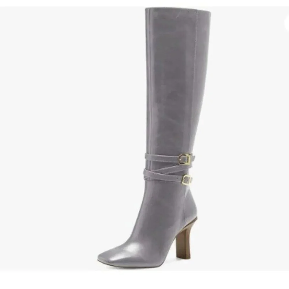 FSJ Women Fashion Knee High Long Boots Pull On Closed Toe Chunky Mid Heel Grey